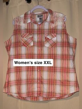 Wrangler Women Coral Plaid Lace-Yoke Sleeveless Button-Down Top